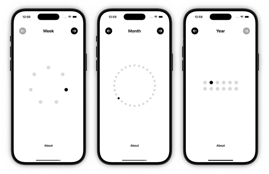 Mockup of three screens of the app showing the day, month and year.