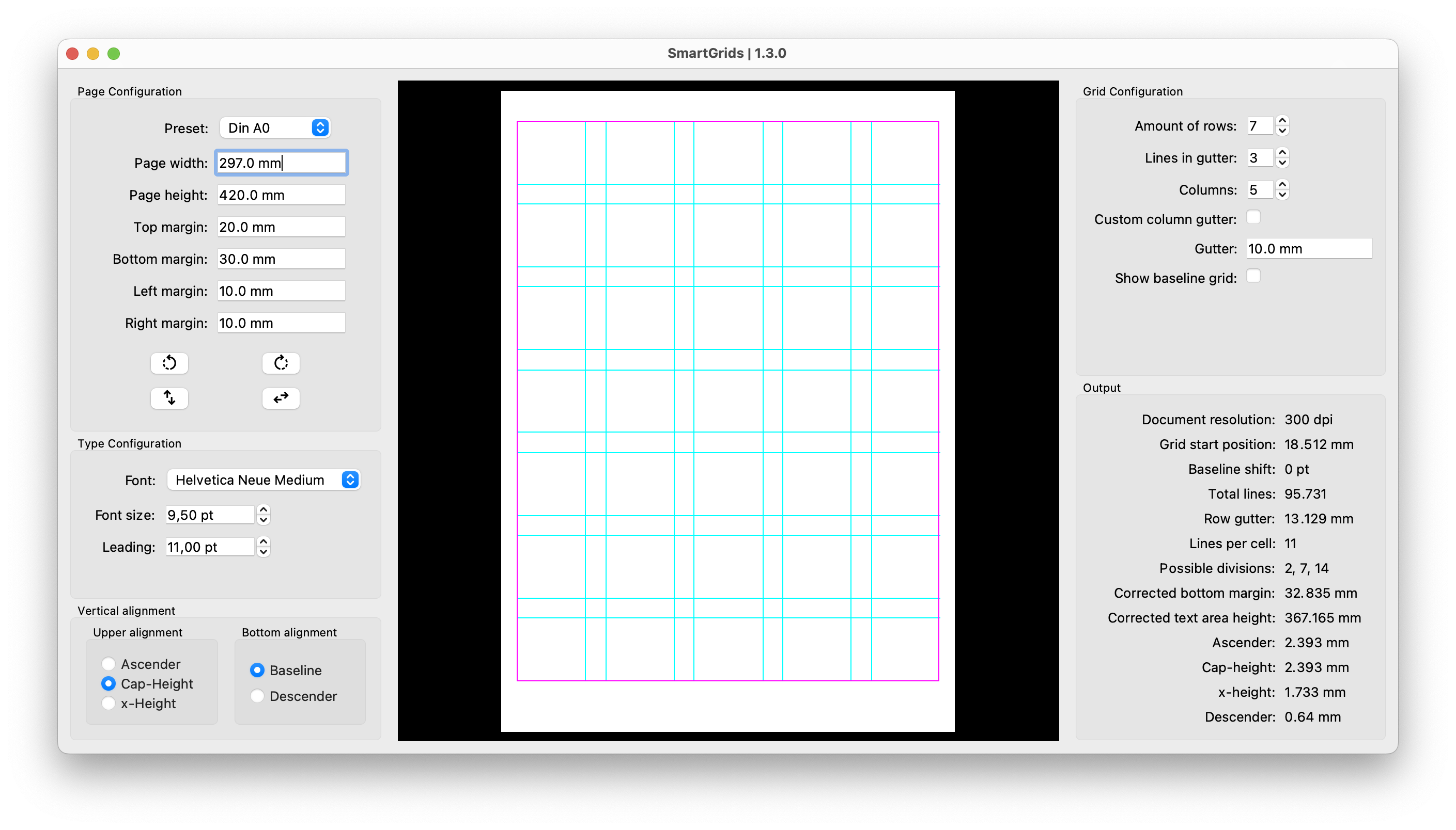 Software interface with preview of grid system in center